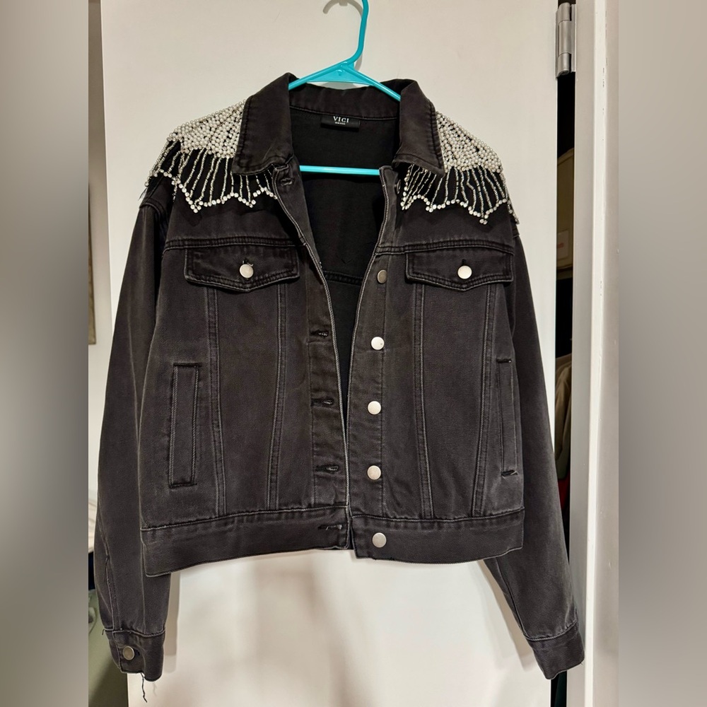 Vici Black Denim Jacket with Rhinestone Accents - Picture 4 of 7